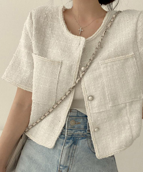 ツイード風ジャケットノーカラージャケット レディース パールボタン オフィス夏服 ショート丈アウター フォーマル カーディガン きれいめ羽織り サマージャケット夏 86SSJL-022